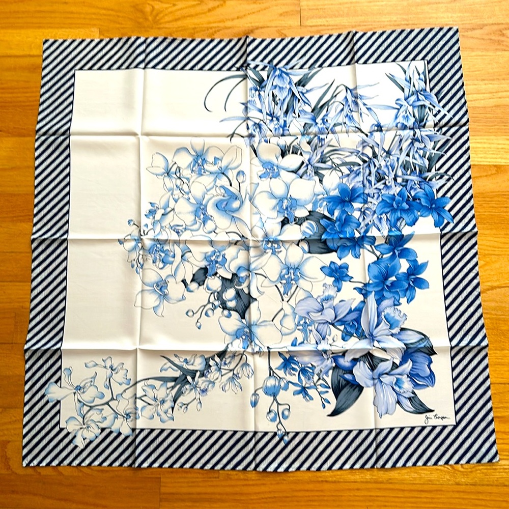 Jim Thompson Blue and White Floral Scarf, abt  32 1/2 x 32 NWOT